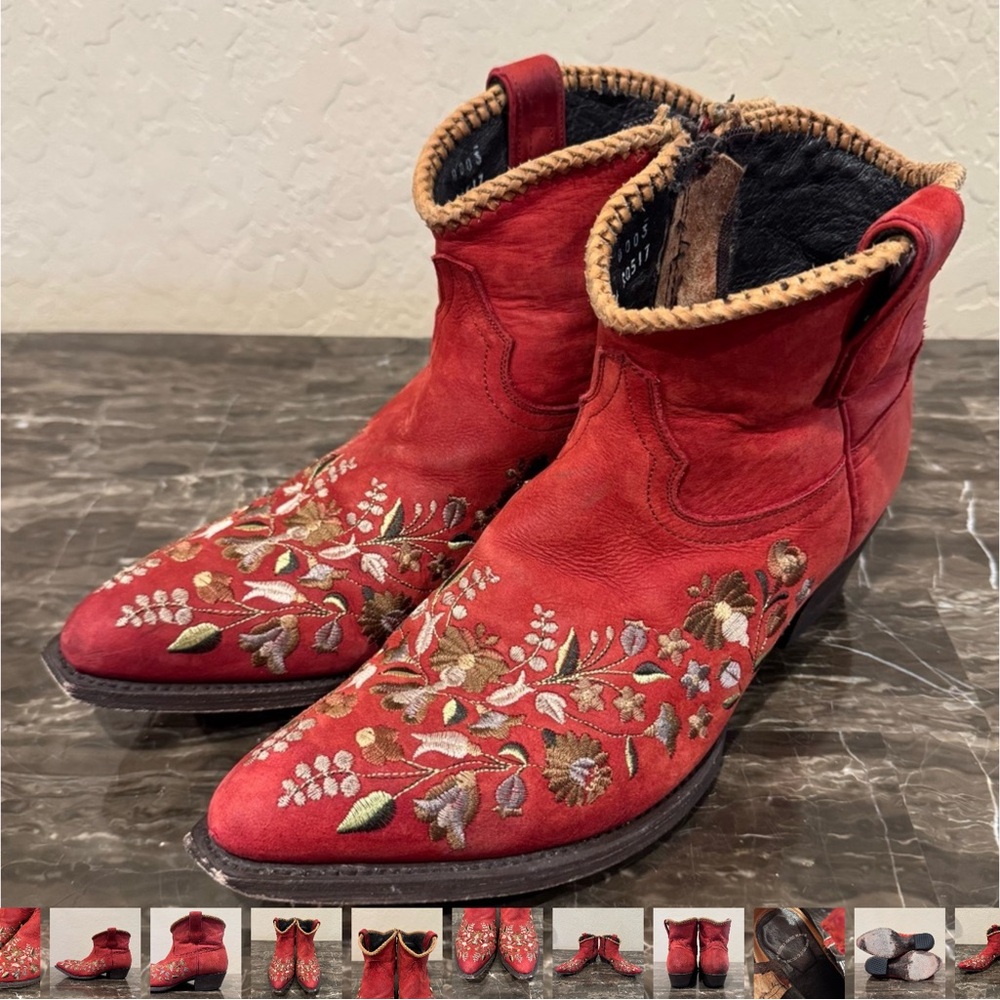 Liberty Black Red Leather Floral Embroidered Cowboy Boots